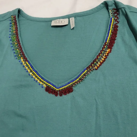 LOGO Lori Goldstein Women's Green Knit Pocket Beaded Tunic Top Blouse Boho 1X - Picture 6 of 11